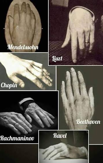 Photo collage highlighting the large hands of composers including Liszt, Chopin, and Rachmaninoff.